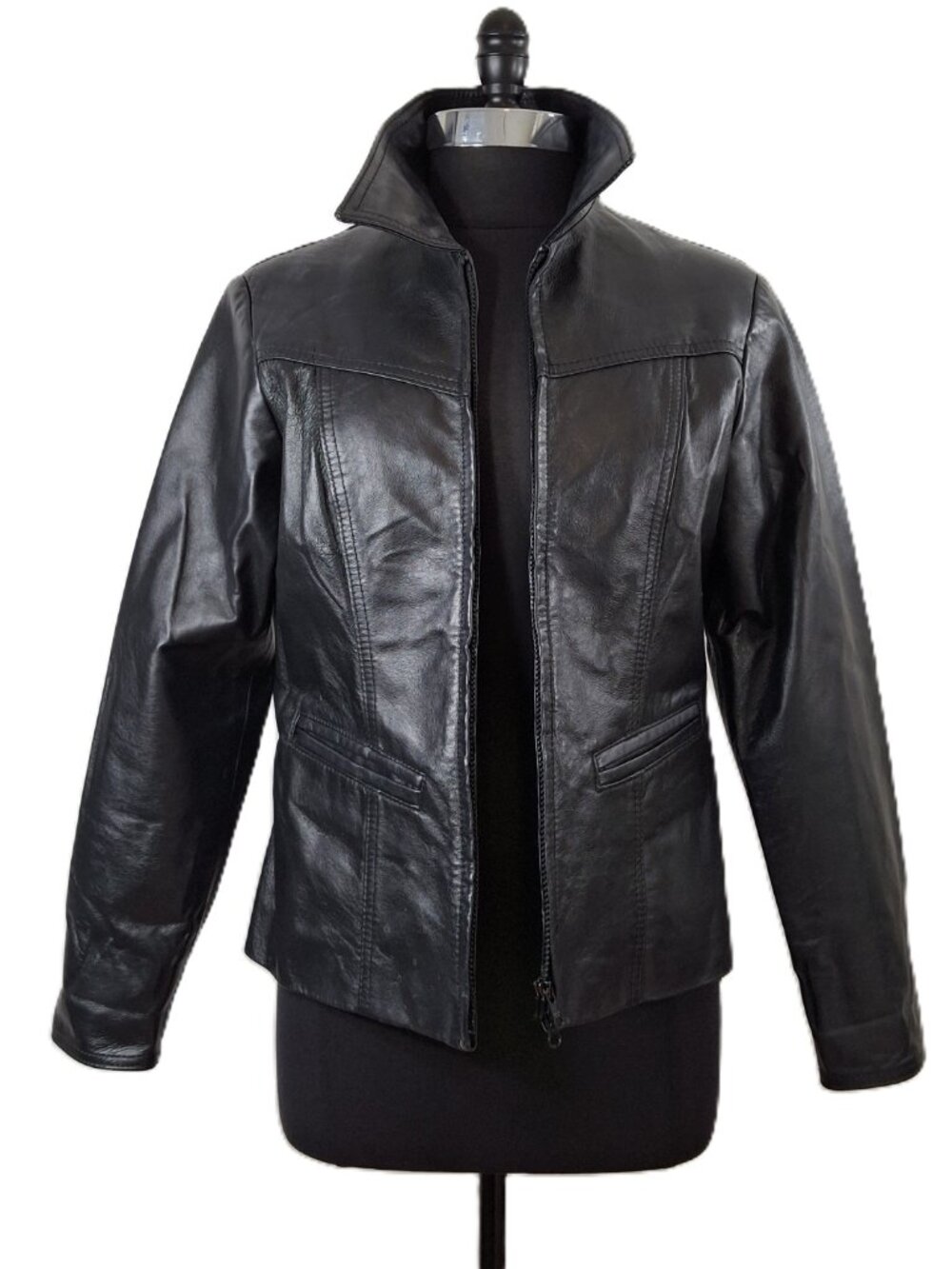 Vintage Sz M Women's Genuine Black Leather Jacket Leather Ranch Zip Up - Picture 4 of 11